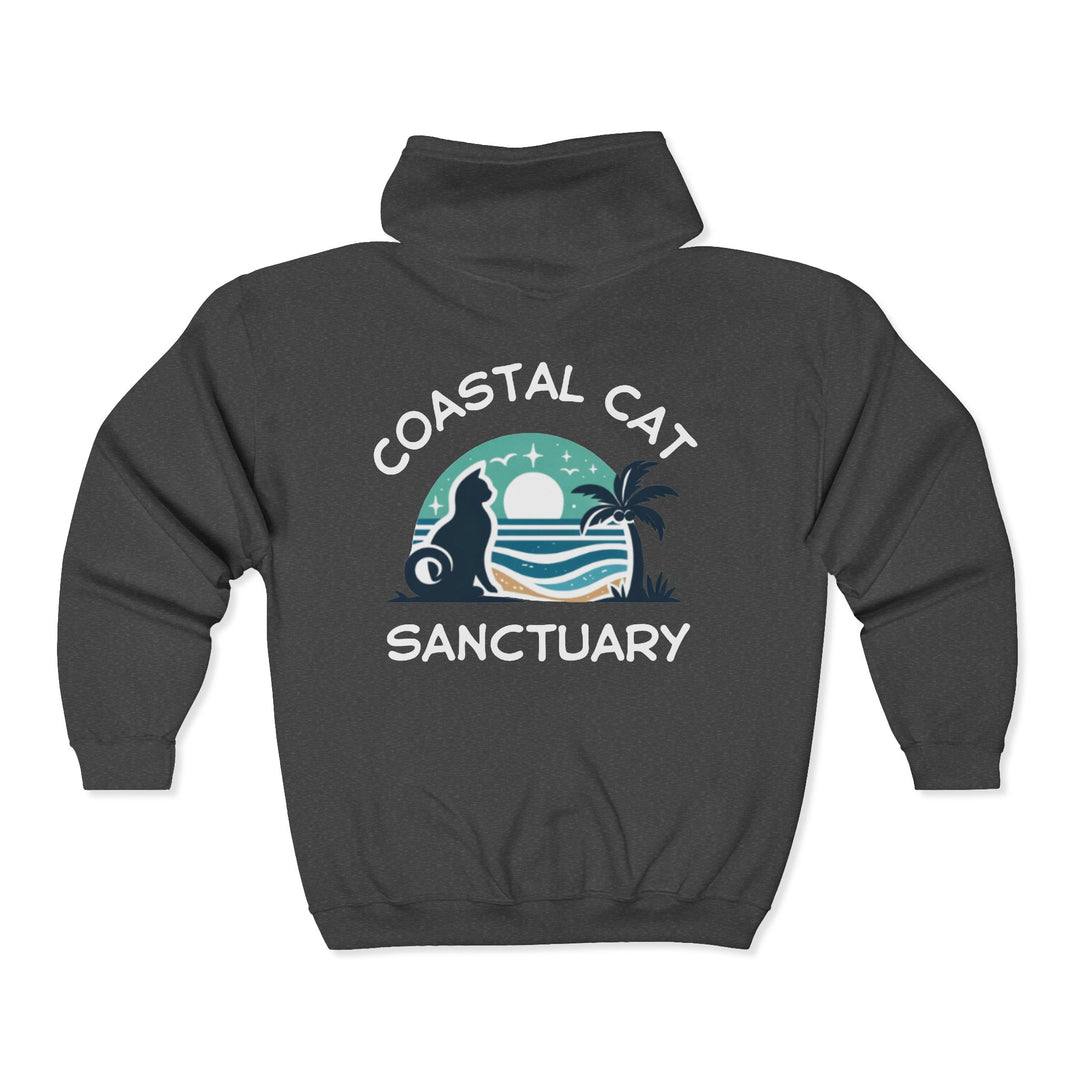 Coastal Cat Sanctuary Zip Hoodie – Beach Cat Graphic Full-Zip Sweatshirt