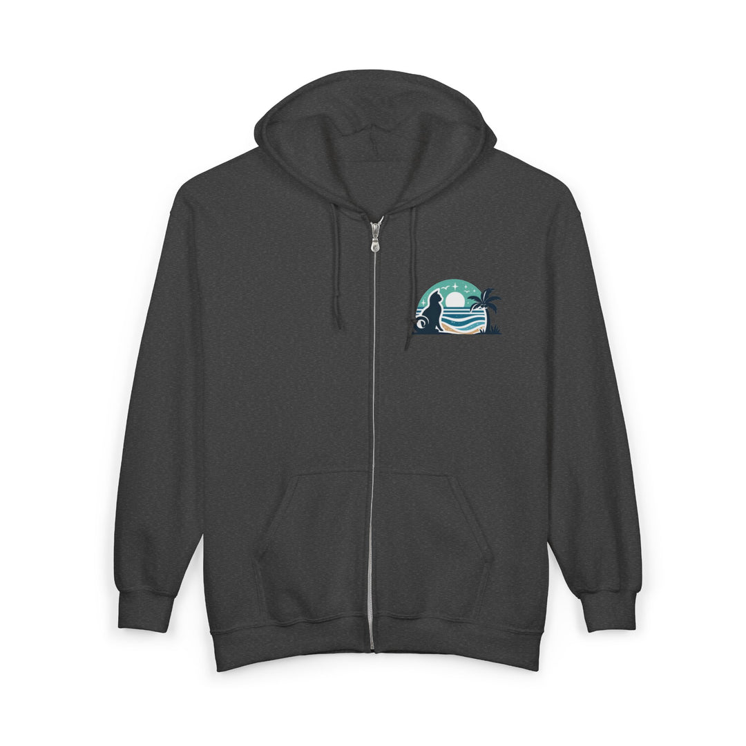 Coastal Cat Sanctuary Zip Hoodie – Beach Cat Graphic Full-Zip Sweatshirt
