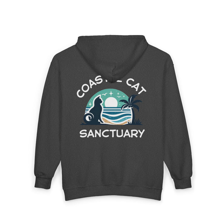 Coastal Cat Sanctuary Zip Hoodie – Beach Cat Graphic Full-Zip Sweatshirt