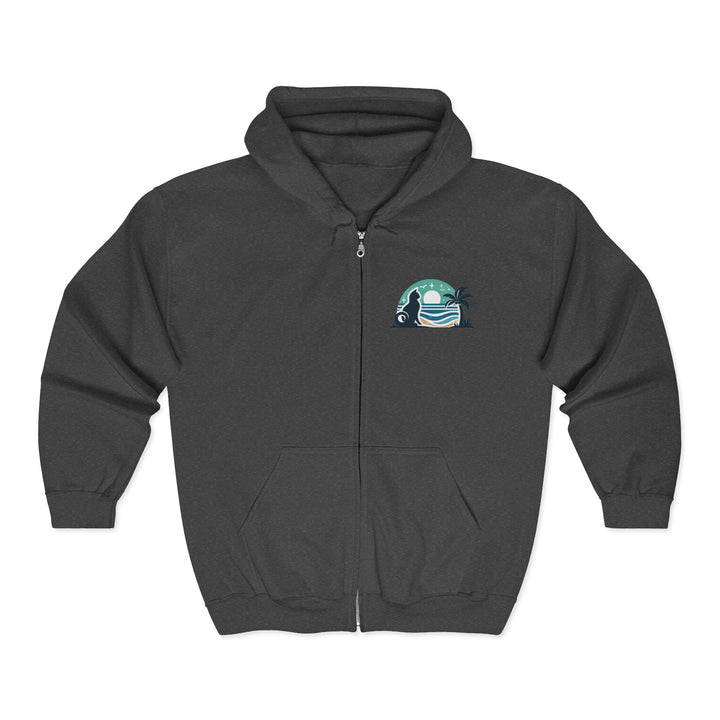 Coastal Cat Sanctuary Zip Hoodie – Beach Cat Graphic Full-Zip Sweatshirt